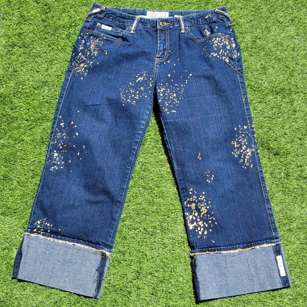 Baby Phat Womens Y2K Gold Splatter Denim Capri Jeans Dark Wash Sequin Cuff 11/12